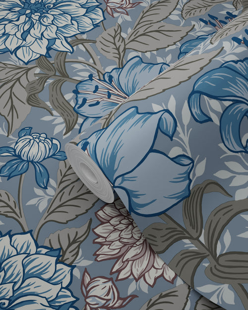 ESTAhome behang vintage bloemen vergrijsd blauw en warm grijs - 53 cm x 10.05 m - 139480