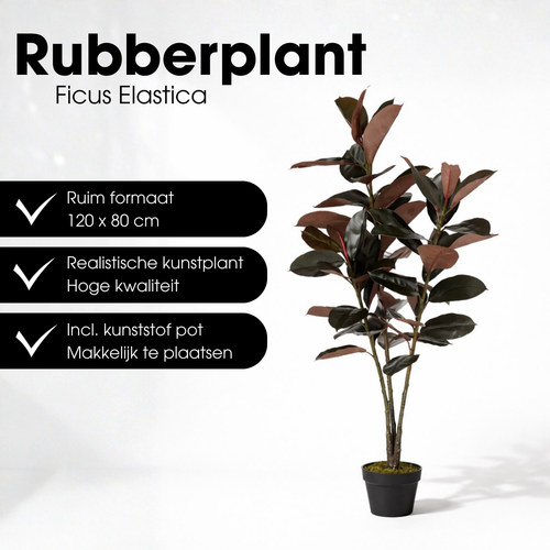 Mica Decorations Rubberplant – Kunstplant in Pot – Realistische Nepplant Woondecoratie – Kunstplanten voor Binnen en Buiten – H120 x Ø80 cm – Rood