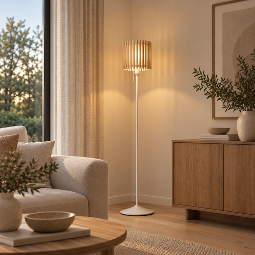 Umage Sante vloerlamp white met Komorebi medium oak natural - Ø 29 cm