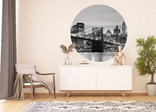 Sanders & Sanders zelfklevende behangcirkel Brooklyn Bridge New York zwart wit - Ø 140 cm - 601132