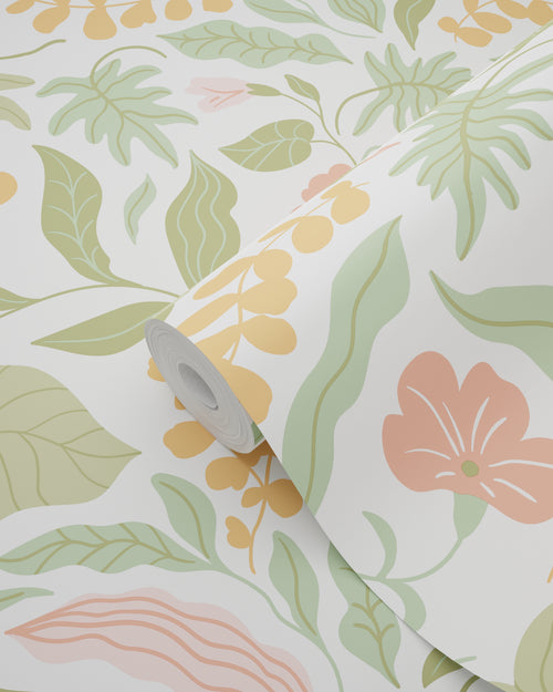 ESTAhome behang bladeren en bloemen groen, roze en oranje - 50 x 900 cm - 131048 - vtwonen shop