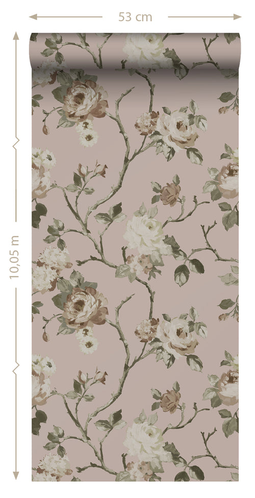 ESTAhome behang vintage bloemen oudroze - 53 cm x 10.05 m - 139407