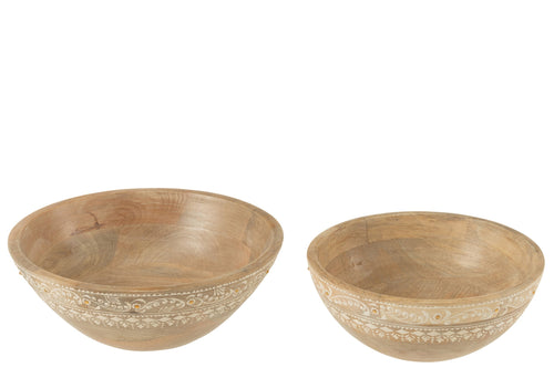 J-Line kom Kralen - hout - naturel/wit - set van 2