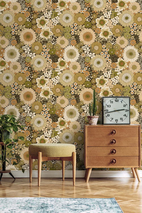 ESTAhome behang retro bloemen olijfgroen en oranje bruin - 50 x 900 cm - 131317 - vtwonen shop