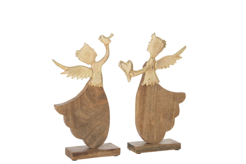 J-Line decoratie Engel Hart/Vogel Op Voet - hout/aluminium - goud - 2 stuks