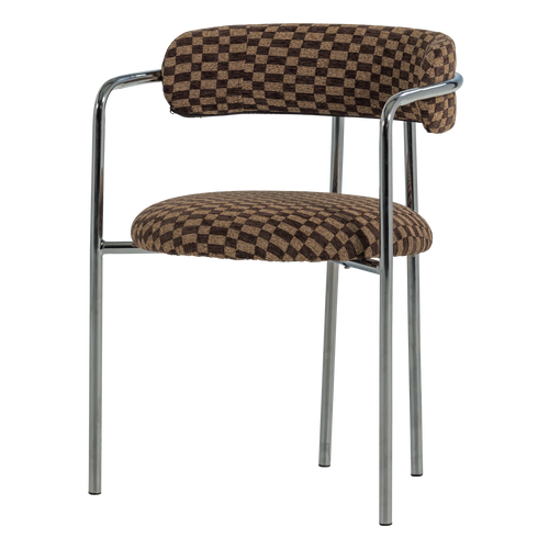 WOOOD eetkamerstoel Cuby - Chroom - Ruitstof Bruin - Set Van 2 - 80x68x55
