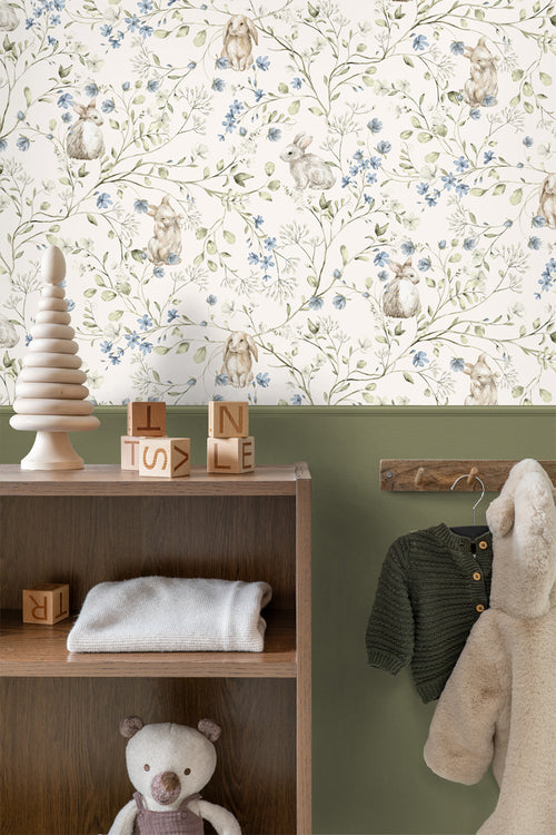 ESTAhome behang konijnen beige, groen, blauw en wit - 53 cm x 10.05 m - 131138