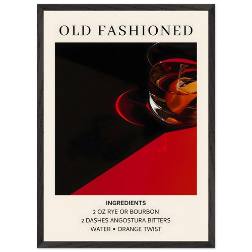 Artfulprints Poster met Lijst Old Fashioned cocktail - Ingrediënten   - 50x70 cm - Zwart