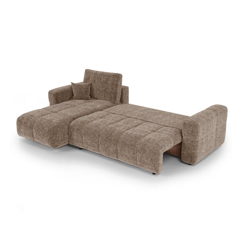 Premium Interiors - Linkshoekbank met slaapfunctie en opbergruimte VIBE - zacht aanvoelende geweven stof bruin 286cm