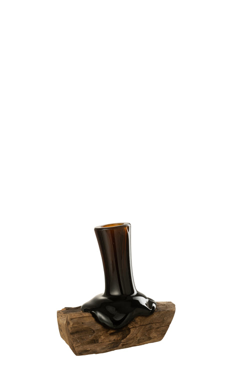 J-Line vaas op voet Hoog Gamal - hout/glas - naturel/bruin - small - 19.5 cm hoog - vtwonen shop