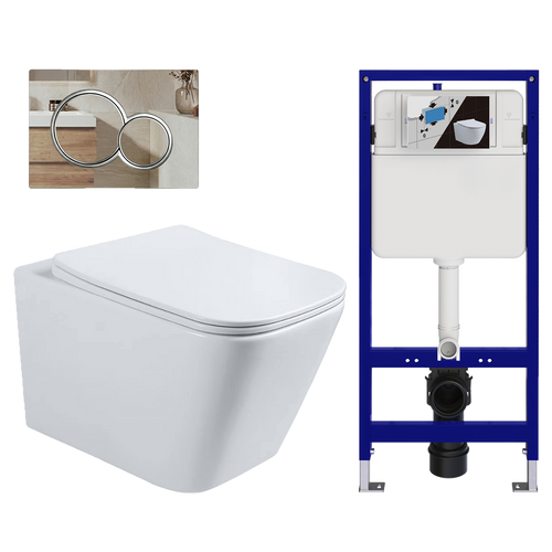 LOMAZOO hangtoiletset Linea - met inbouwreservoir & ronde drukplaat - vierkant - chroom / wit