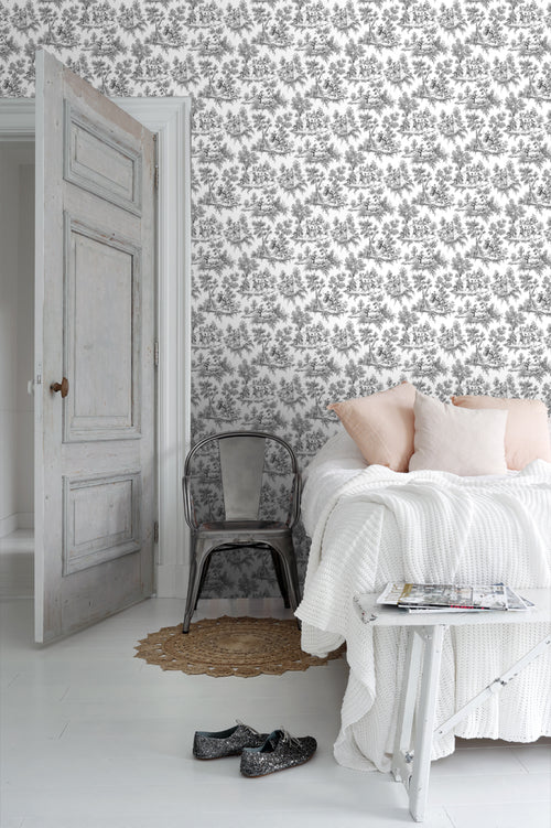 ESTAhome behang toile de jouy print zwart - 53 cm x 10.05 m - 136820 - vtwonen shop