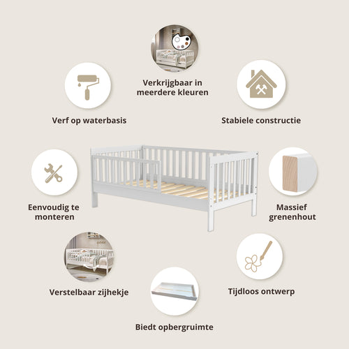 Petite Amélie Peuterbed Plume – 70x140 cm – Wit – Met uitvalbescherming – Flexibel zijhekje - vtwonen shop