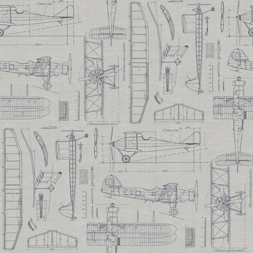 ESTAhome behang constructietekeningen van vliegtuigen taupe en grijsblauw - 53 cm x 10.05 m - 139960 - vtwonen shop