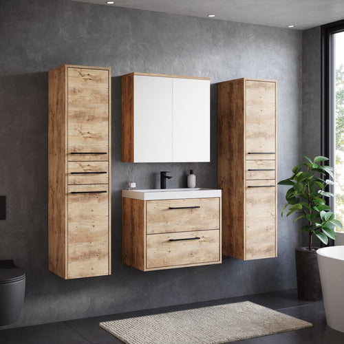 Badplaats Badkamermeubel Set Florence 60 cm XL – Kastanje Eiken – Hangend Badmeubel met Wastafel, Spiegelkast en Zijkasten