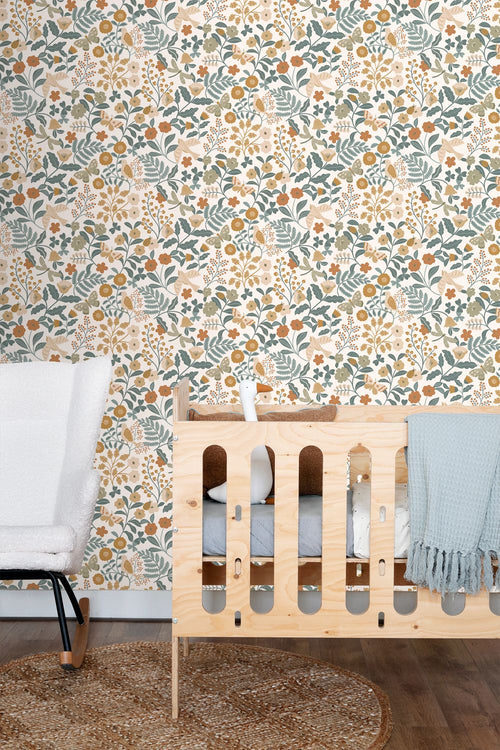 ESTAhome behang bloemen en vogels grijsblauw, olijfgroen en okergeel - 53 cm x 10.05 m - 139865
