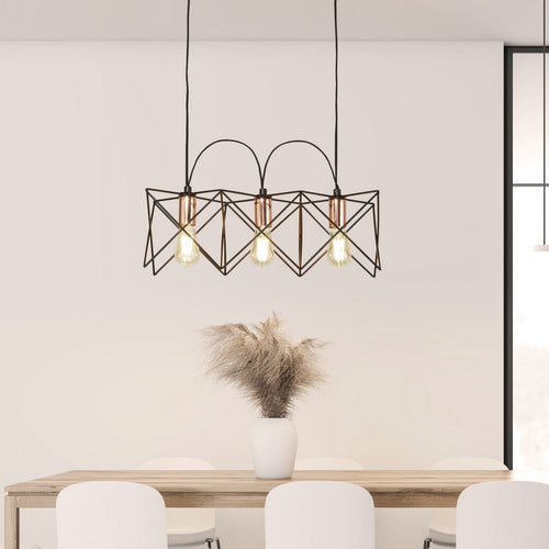Searchlight ANTHEA - 3-lichts hanglamp met zwart frame en koperen details