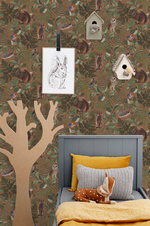 ESTAhome behang bosdieren oranje bruin en groen - 53 cm x 10.05 m - 139251