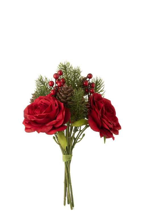 J-Line kunstbloem Roos/Bessen/Dennentak - kunststof - rood/groen - small
