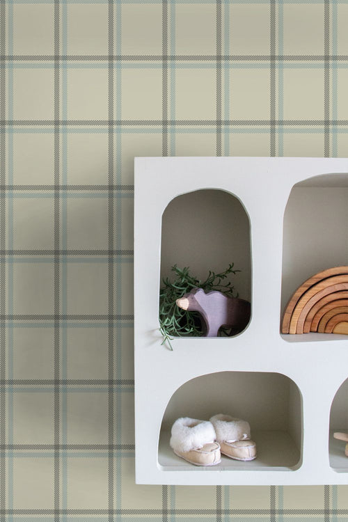 ESTAhome behang ruiten beige en blauw - 50 x 900 cm - 132164
