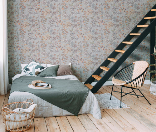 Livingwalls behang bloemen lichtgrijs, oranje, geel en grijs - 53 cm x 10.05 m - AS-391171 - vtwonen shop