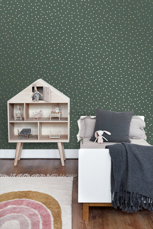 ESTAhome behang stippen donkergroen en goud - 53 cm x 10.05 m - 139275