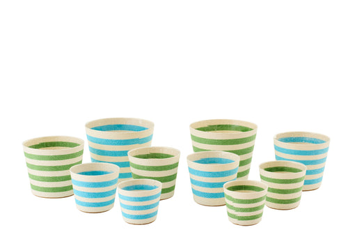 J-Line bloempot Gestreept - papier - azuurblauw/groen - extra large - set van 2