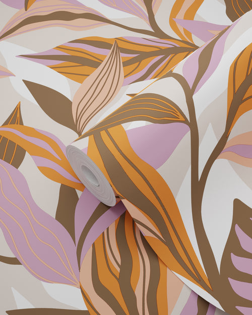 ESTAhome behang tropische bladeren oranje, paars en roze - 50 x 900 cm - 131042 - vtwonen shop