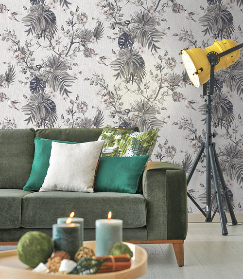 Sanders & Sanders behang tropische jungle bladeren en paradijsvogels grijs - 53 cm x 10 m - 640004