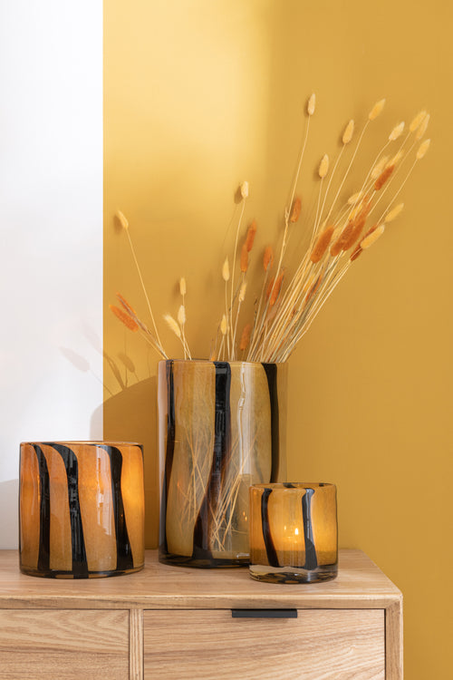 J-Line windlicht Strepen Safari - glas - zwart/bruin - medium