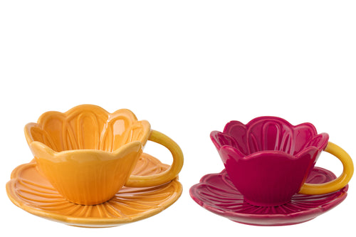 J-Line kopje en schotel Bloem - porselein - donkerrood/warmgeel - set van 2