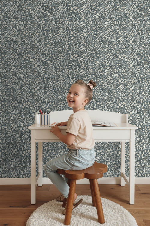 ESTAhome behang bloemetjes blauwgroen - 50 x 900 cm - 131249