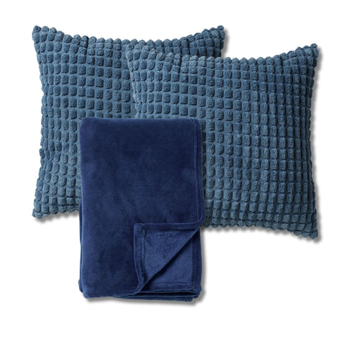 Dutch Decor - VOORDEELSET - 3-delig - Rome & Harvey - 2 sierkussens 45x45 cm - 1 plaid 150x200 cm - blauw - vtwonen shop