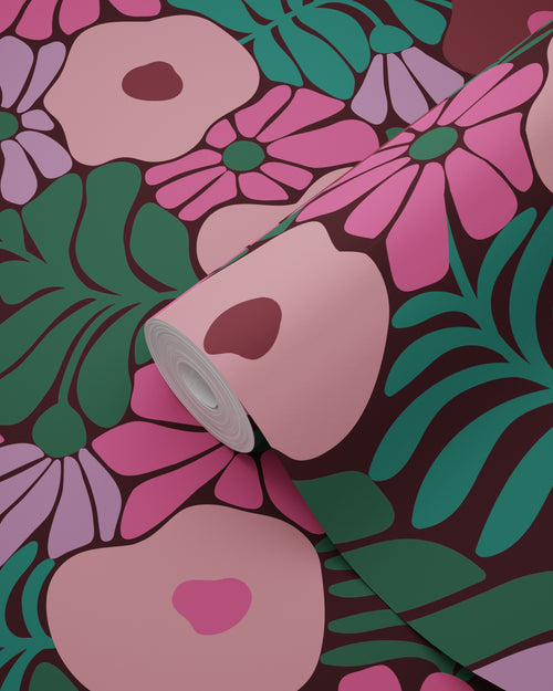 ESTAhome behang bloemen in Matisse stijl groen, roze en paars - 50 x 900 cm - 131137