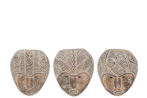J-Line wanddecoratie Masker Primitief - hout - bruin/wit - 3 stuks