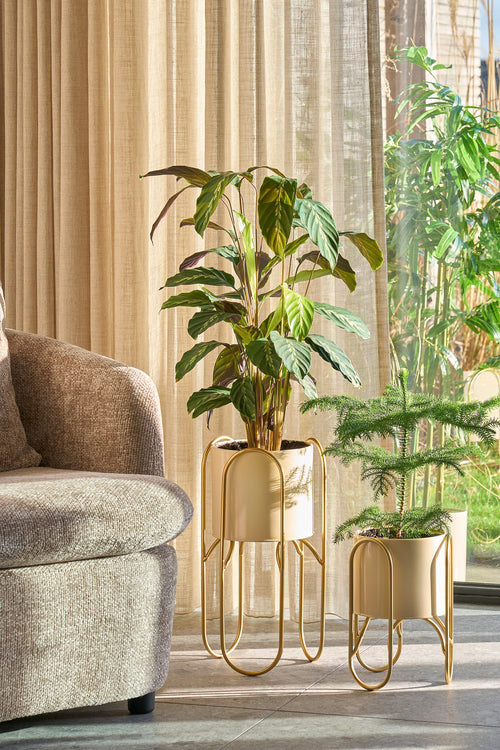 Mica Decorations Donau Bloempot op Standaard - Set van 2 - Metaal - H45 x Ø23 cm - Lichtgeel, Goud - vtwonen shop