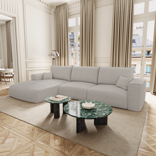 Premium Interiors - Linkshoekbank met slaapfunctie en opbergruimte COMO - bouclé-stof lichtgrijs 297cm