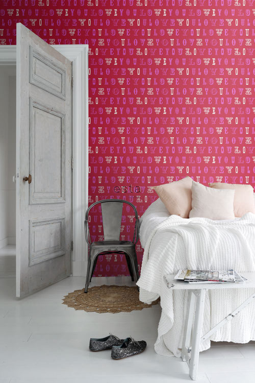 ESTAhome behang love you - quotes rood en roze - 53 cm x 10.05 m - 136834