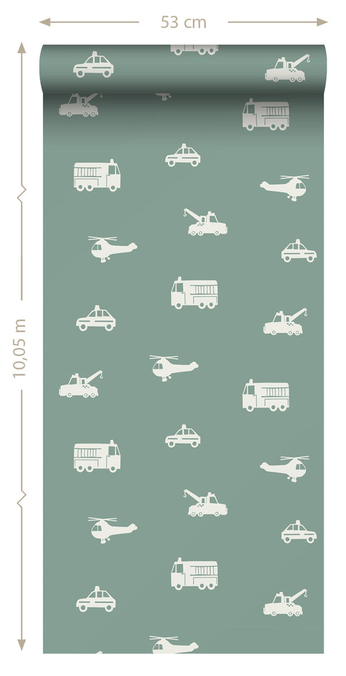 ESTAhome behang auto's, brandweerauto's, helikopters en kranen blauw 53 cm x 10.05 m 131398