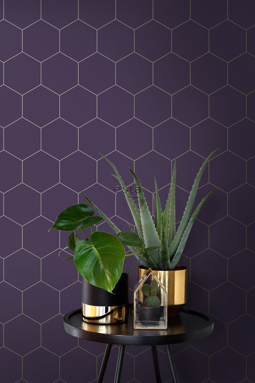 ESTAhome behang hexagon donker paars en goud - 53 cm x 10.05 m - 139575