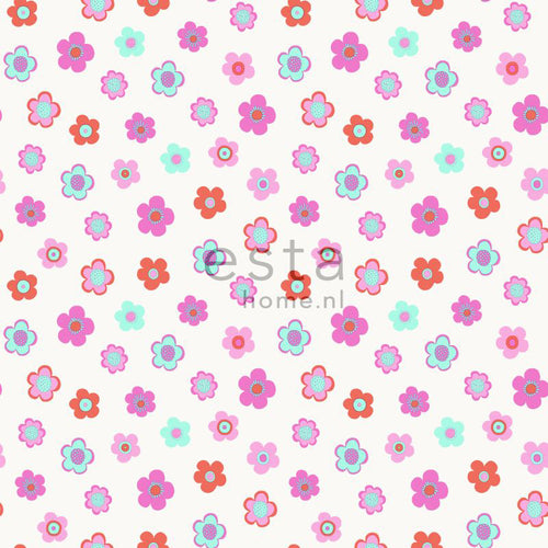 ESTAhome behang vintage bloemetjes roze, turquoise en koraal rood - 53 cm x 10.05 m - 138724