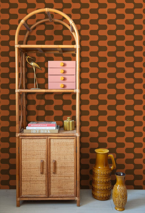 ESTAhome behang golvende lijnen oranje en bruin - 50 x 900 cm - 132139