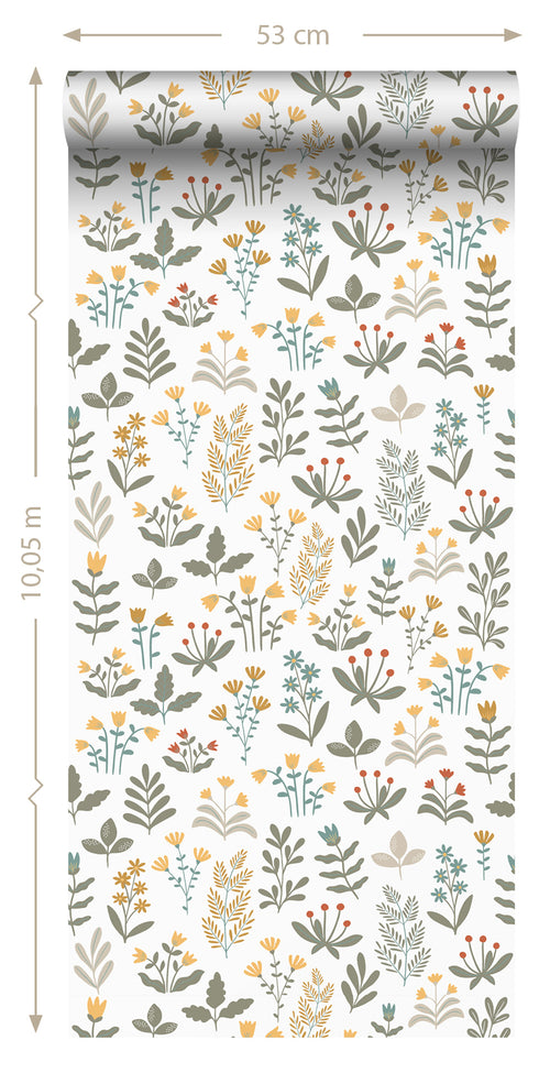 ESTAhome behang veldbloemen donkergroen en geel - 50 x 900 cm - 131095 - vtwonen shop