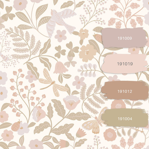 ESTAhome behang bloemen en vogels wit, beige en zacht roze - 53 cm x 10.05 m - 139866