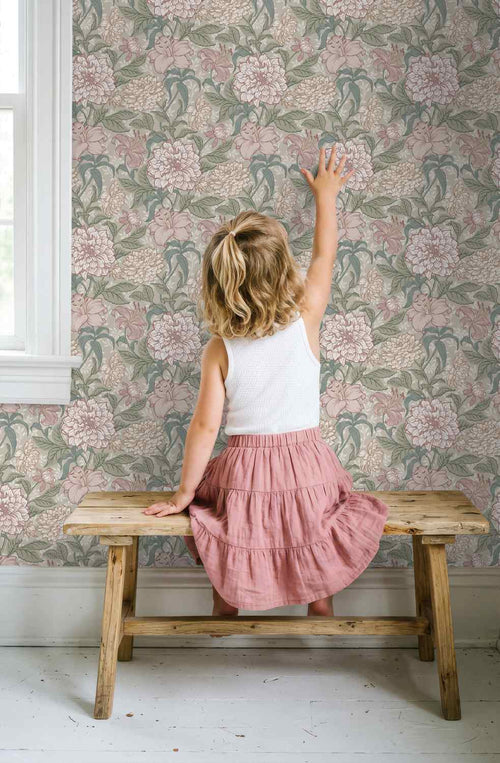ESTAhome behang vintage bloemen oudroze en vergrijsd groen - 53 cm x 10.05 m - 139377