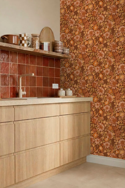 ESTAhome behang bloemen terracotta, bruin en groen - 50 x 900 cm - 132196