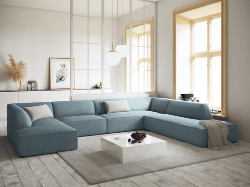 Micadoni Panoramische hoekbank rechts Ruby 7-zits, ribfluwelen, lichtblauw - 273x366x69cm