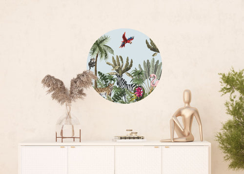 Sanders & Sanders zelfklevende behangcirkel jungle dieren groen, blauw en roze - Ø 70 cm - 601122