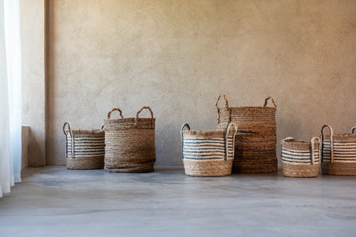 J-Line bloempot Ubeda - riet/kunststof - naturel/blauw - 3 stuks - Ø 29 cm - vtwonen shop