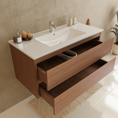 LOMAZOO badmeubelset Verona - met hoge kast & witte wastafel - warm eiken - 100 cm
